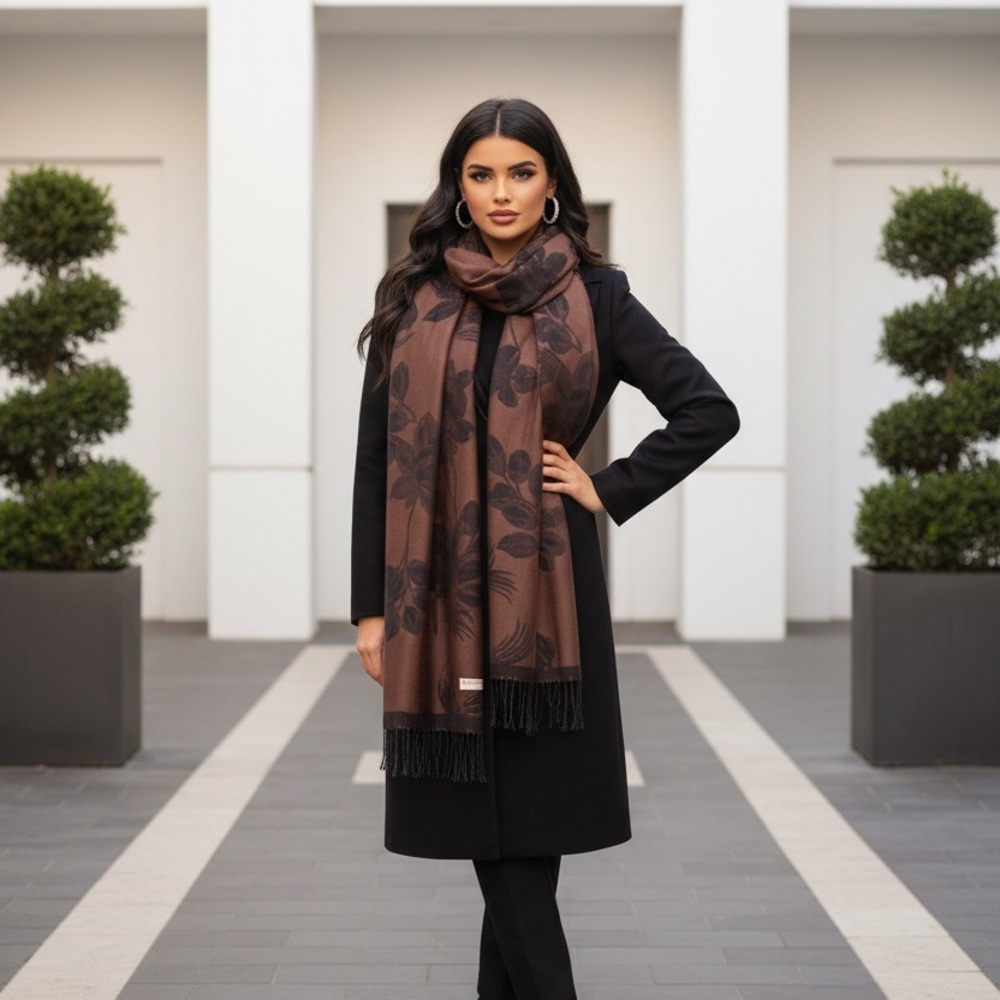 Pashmina Brown Black Floral Scarf Wrap